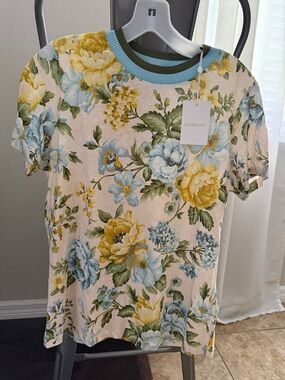Zimmermann Yellow and Light Blue Floral Crewneck Tee with Contrasting Trim
